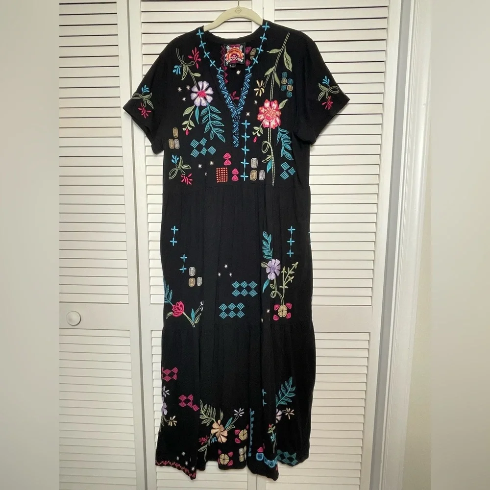 Johnny Was Floral Embroidered Katie Knit Henley Tiered Maxi Dress Boho Hippie XL - Picture 3 of 9